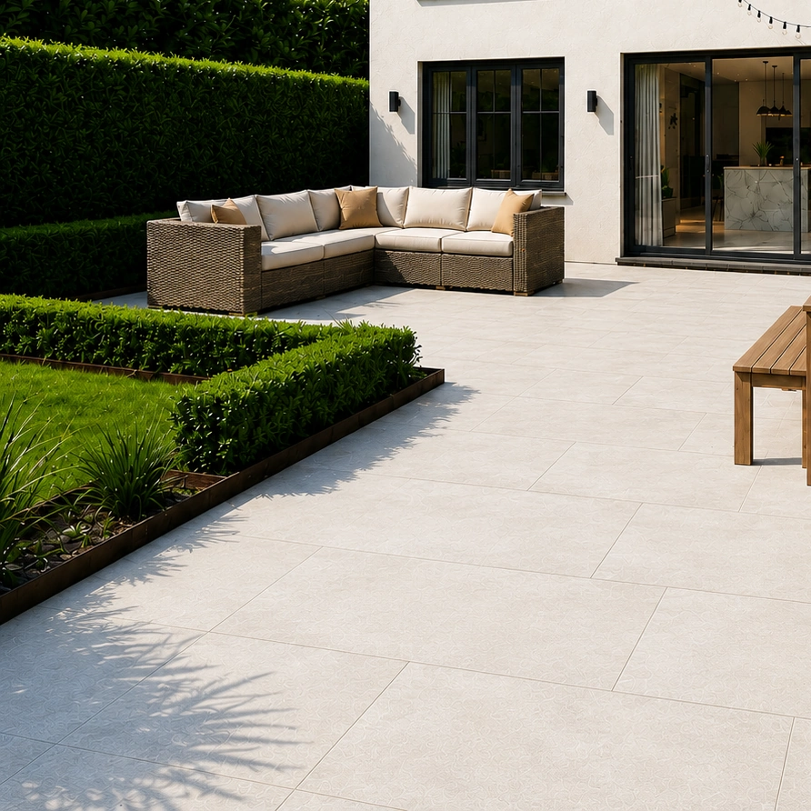 Avalon White 900x600 Tumbled Porcelain Paving slabs